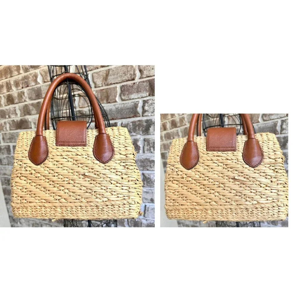 Brighton Interlok Dune Straw Leather Satchel Handbag Purse Double Handle Pocket